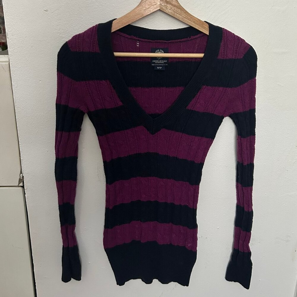 American Eagle purple/navy striped v-neck sweater, size S
